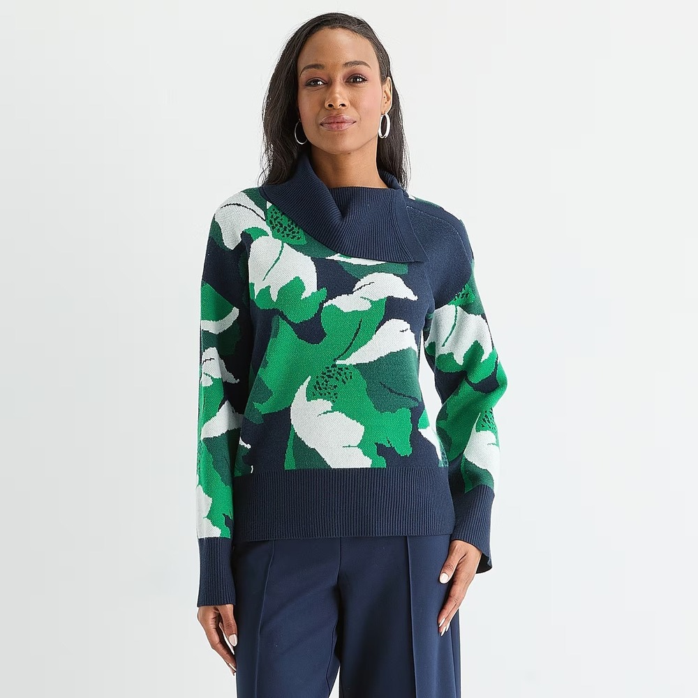 MSRP $54 Liz Claiborne Womens M Sig Navy Floral Draped Neck Pullover Sweater